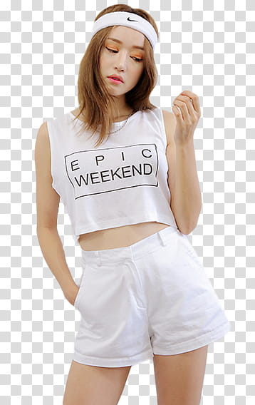 Ulzzang Sora, woman wearing white crop top and cuffed shorts transparent background PNG clipart