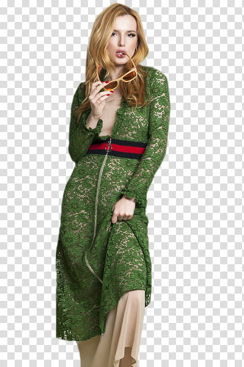 Bella Thorne, woman biting sunglasses while wearing green lace dress transparent background PNG clipart