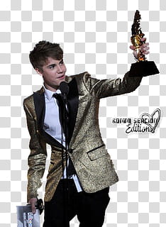 Super MEGA Justin Bieber, man holding gold-colored trophy standing beside microphone transparent background PNG clipart