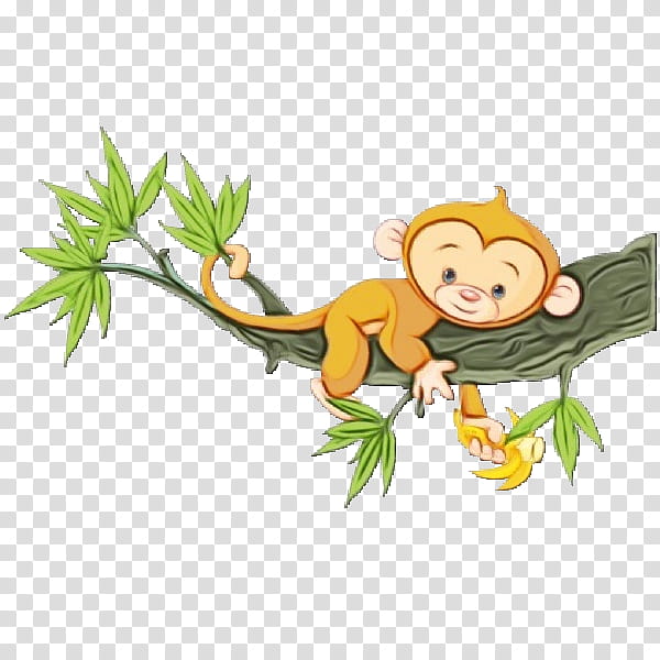 Leaf Watercolor, Paint, Wet Ink, Drawing, Cartoon, Monkey, Cuteness, Infant transparent background PNG clipart