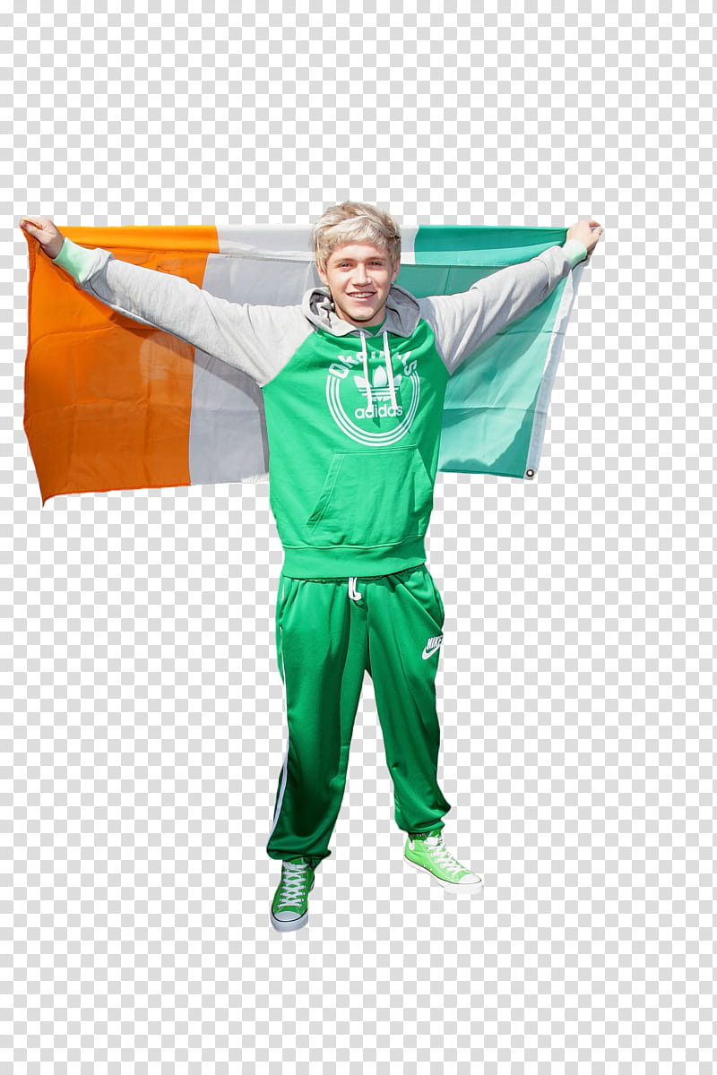 Niall Horan, man wearing green hoodie holding flag transparent background PNG clipart