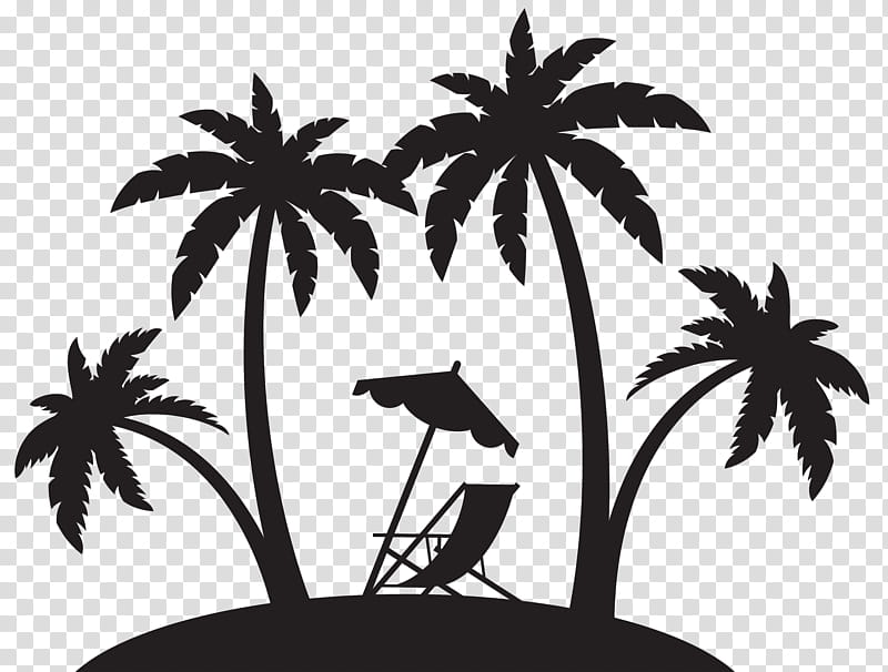 Palm Tree Silhouette, Beach, Shore, Sunset, White, Leaf, Blackandwhite, Arecales transparent background PNG clipart