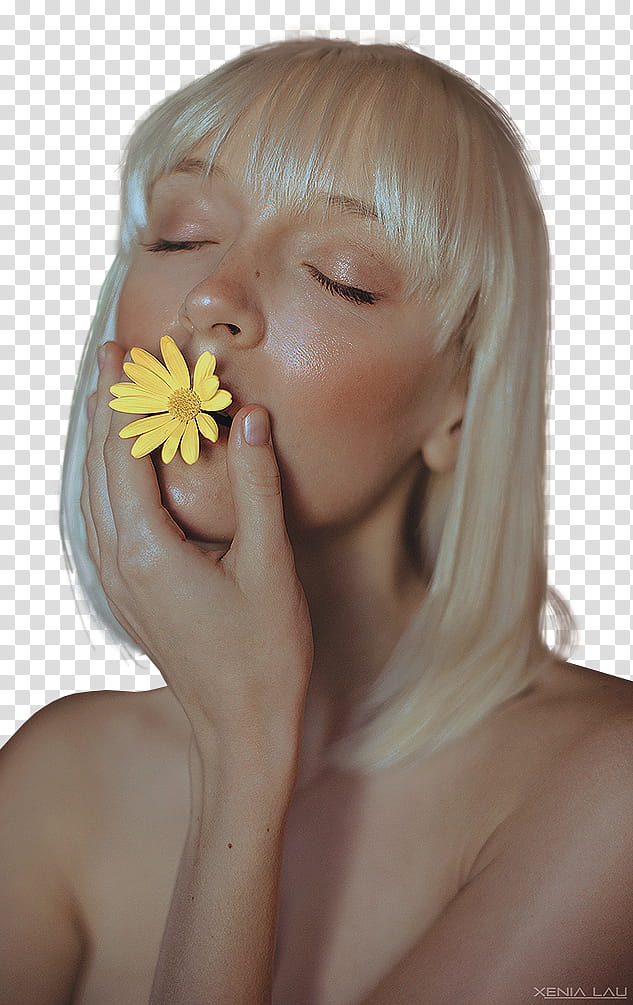 woman placing yellow-petaled flower on her mouth transparent background PNG clipart