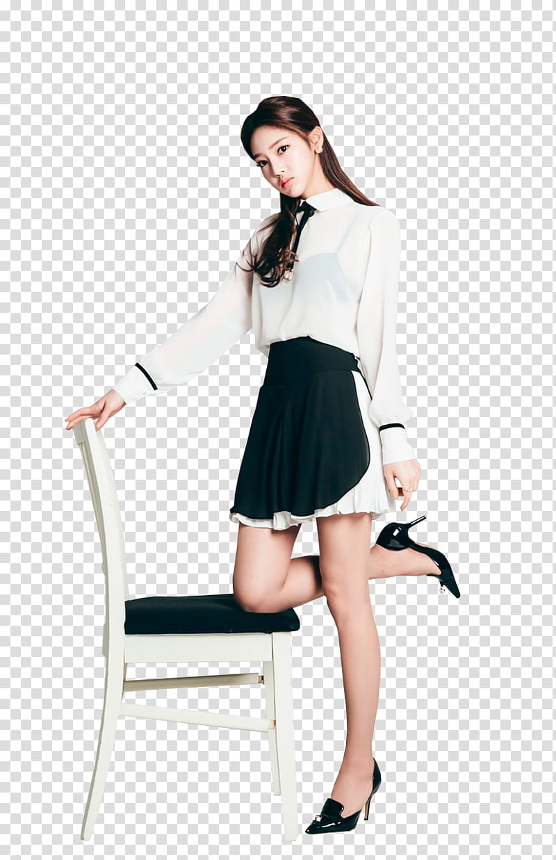 PARK JUNG YOON, woman wearing white and black dress putting her knee on chair transparent background PNG clipart