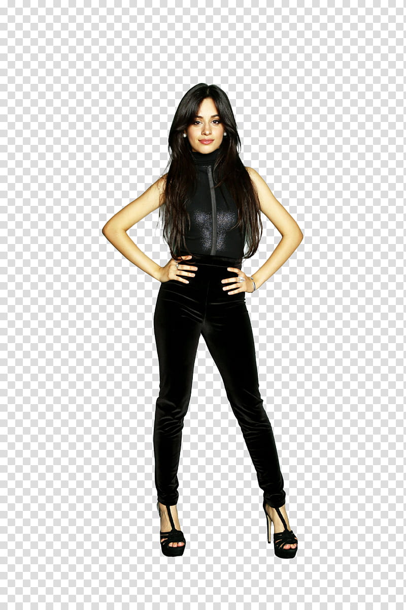 CAMILA CABELLO, woman in black leather vest and black skinny jeans transparent background PNG clipart