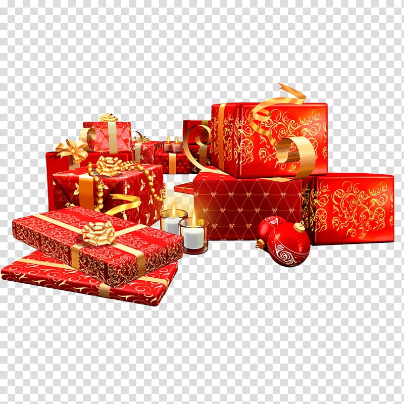 Navidad, red-and-holden gift boxes transparent background PNG clipart