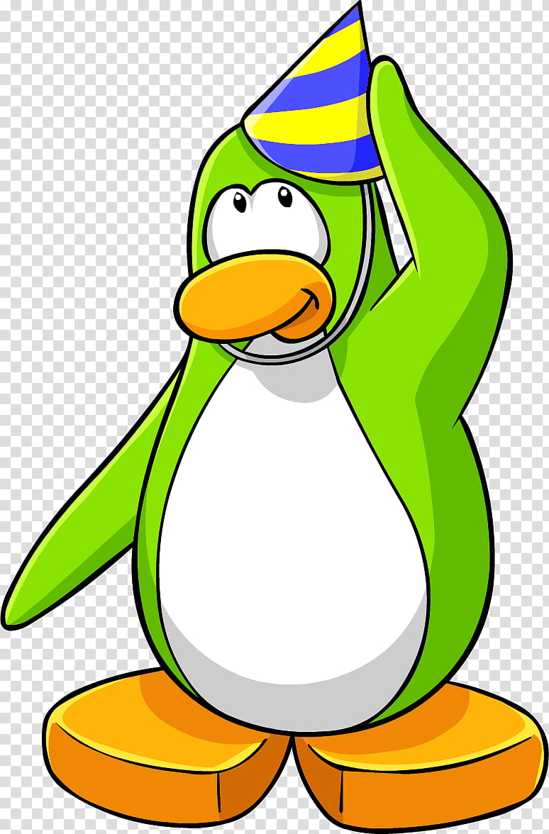 Cartoon Party Hat, Club Penguin, Hat Club, Server Emulator, Bird, Flightless Bird, Cartoon, Green transparent background PNG clipart