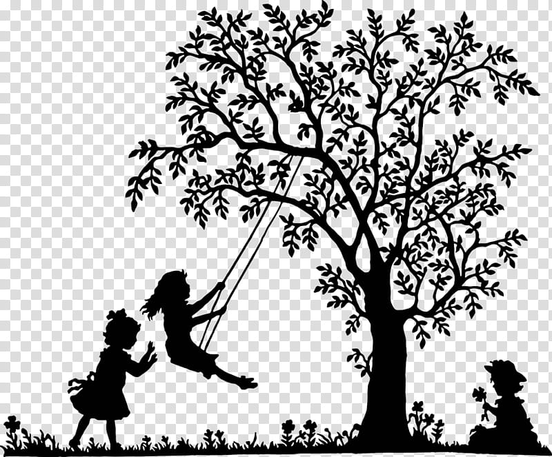 Tree Branch Silhouette, Girl, Drawing, Stencil, Child, Papercutting, People In Nature, Blackandwhite transparent background PNG clipart