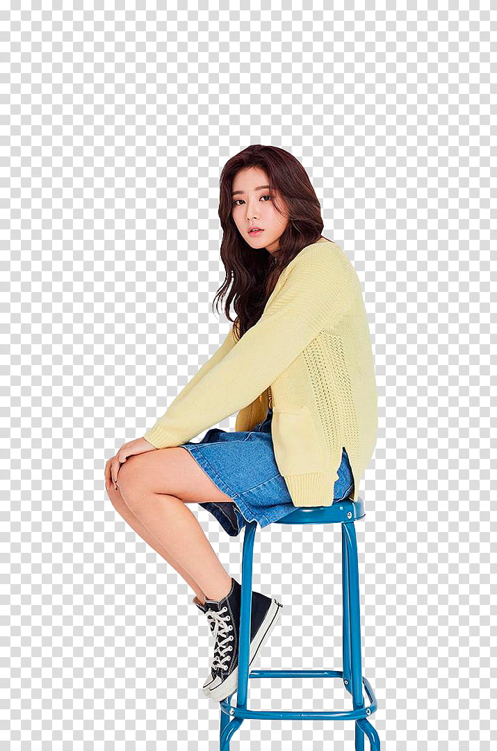 KIM JEON YEON, woman sitting on blue metal stool transparent background PNG clipart
