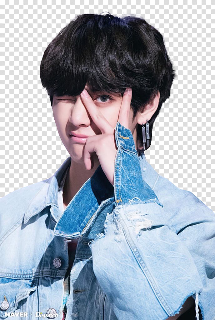 BTS Taehyung wearing blue denim button-up jacket making peace hand sign transparent background PNG clipart