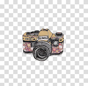 Vintage, brown and multicolored floral Olympus camera transparent background PNG clipart thumbnail