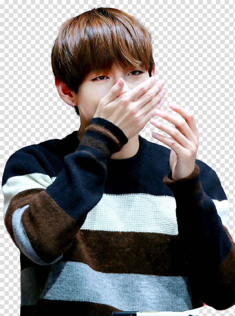 TAEHYUNG BTS, man wearing black and white striped sweater transparent background PNG clipart