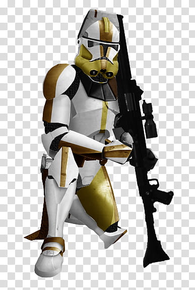 Commander Bly, white and gold Star Wars Stormtrooper with black sniper rifle transparent background PNG clipart