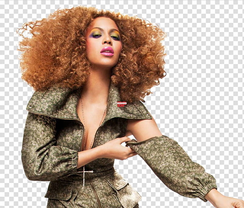 Beyonce, woman in curly blonde hair wearing green top transparent background PNG clipart