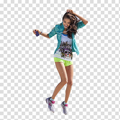 Nina Dobrev, woman jumping while listening to music transparent background PNG clipart