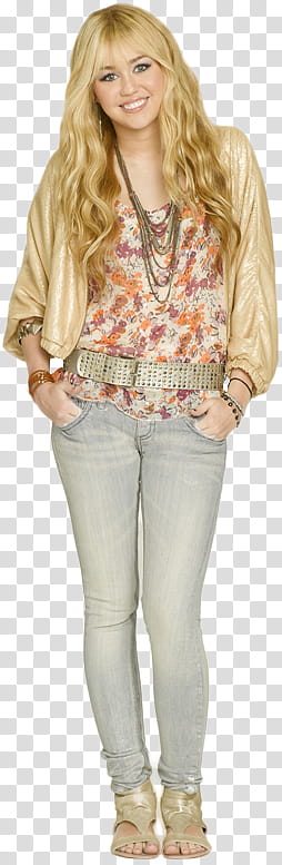 Hannah Montana , woman in brown jacket and gray jeans transparent background PNG clipart