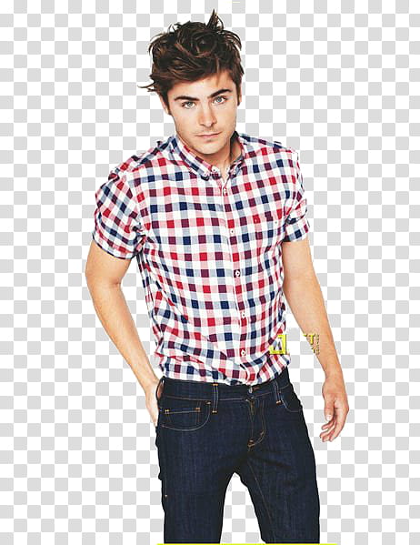 Zac Efron, man wearing red, blue, and white checked button-up short-sleeved collared shirt transparent background PNG clipart