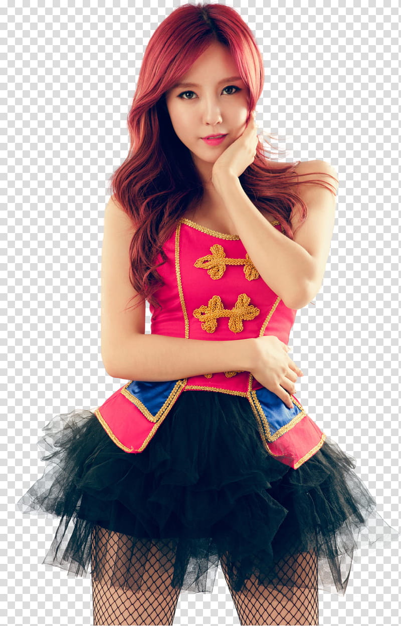 Hyomin T ara render, woman wearing pink and black tutu dress with left hand holding her face and right hand holding her waist transparent background PNG clipart