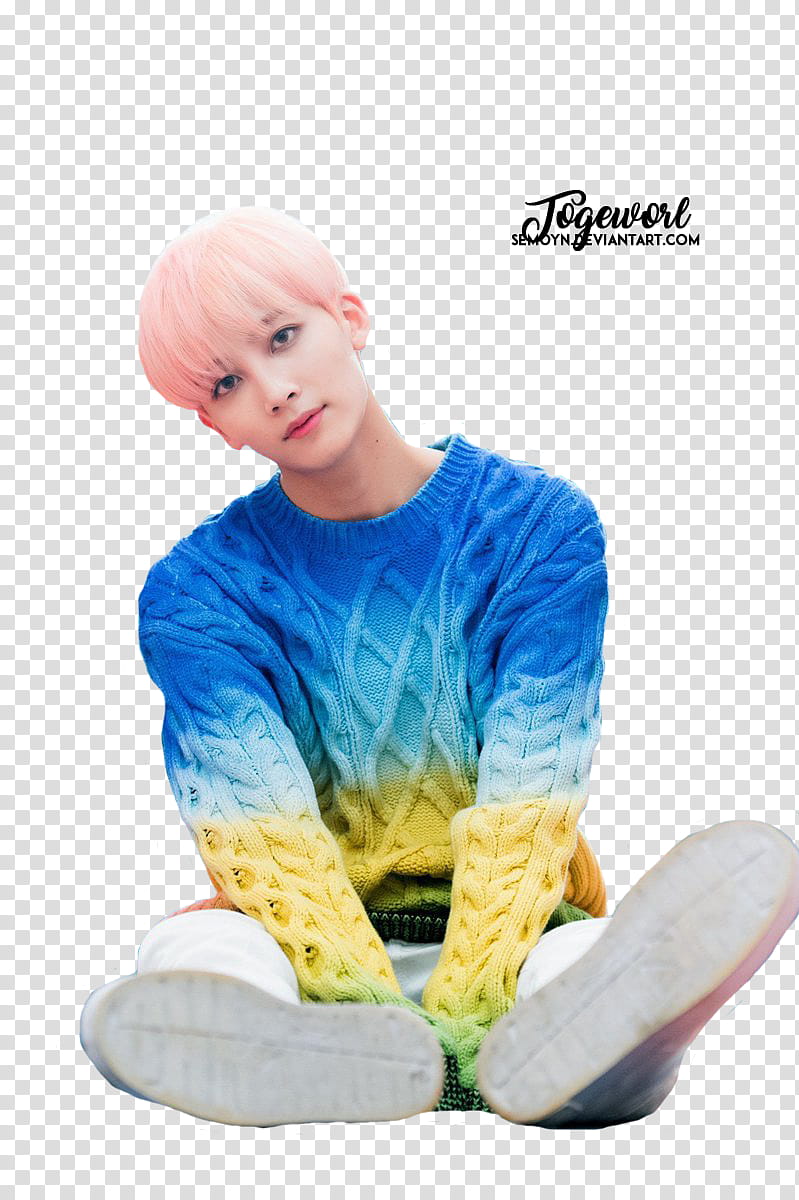 SEVENTEEN CLAP ERA, man wearing blue, teal, and yellow sweater transparent background PNG clipart