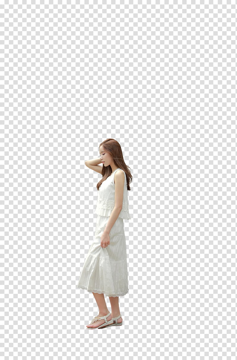 Jung Yeon, woman wearing white dress standing and holding hair transparent background PNG clipart