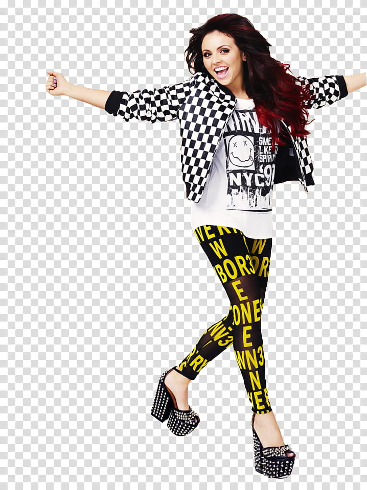 Little Mix, standing woman wearing white and black checked jacket and white and black shirt transparent background PNG clipart