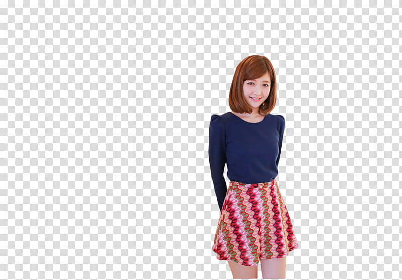 RENDER Ulzzang Girl, woman wearing blue crew-neck long sleeved shirt with red and pink mini skirt transparent background PNG clipart