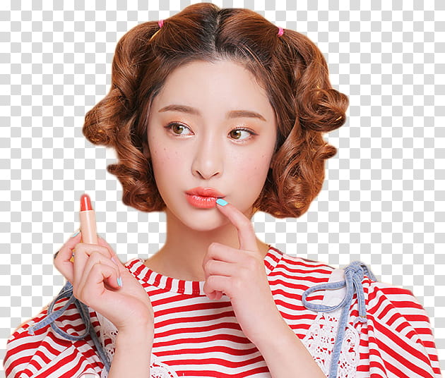 STYLENANDA, woman holding lipstick while left hand touching her lip transparent background PNG clipart