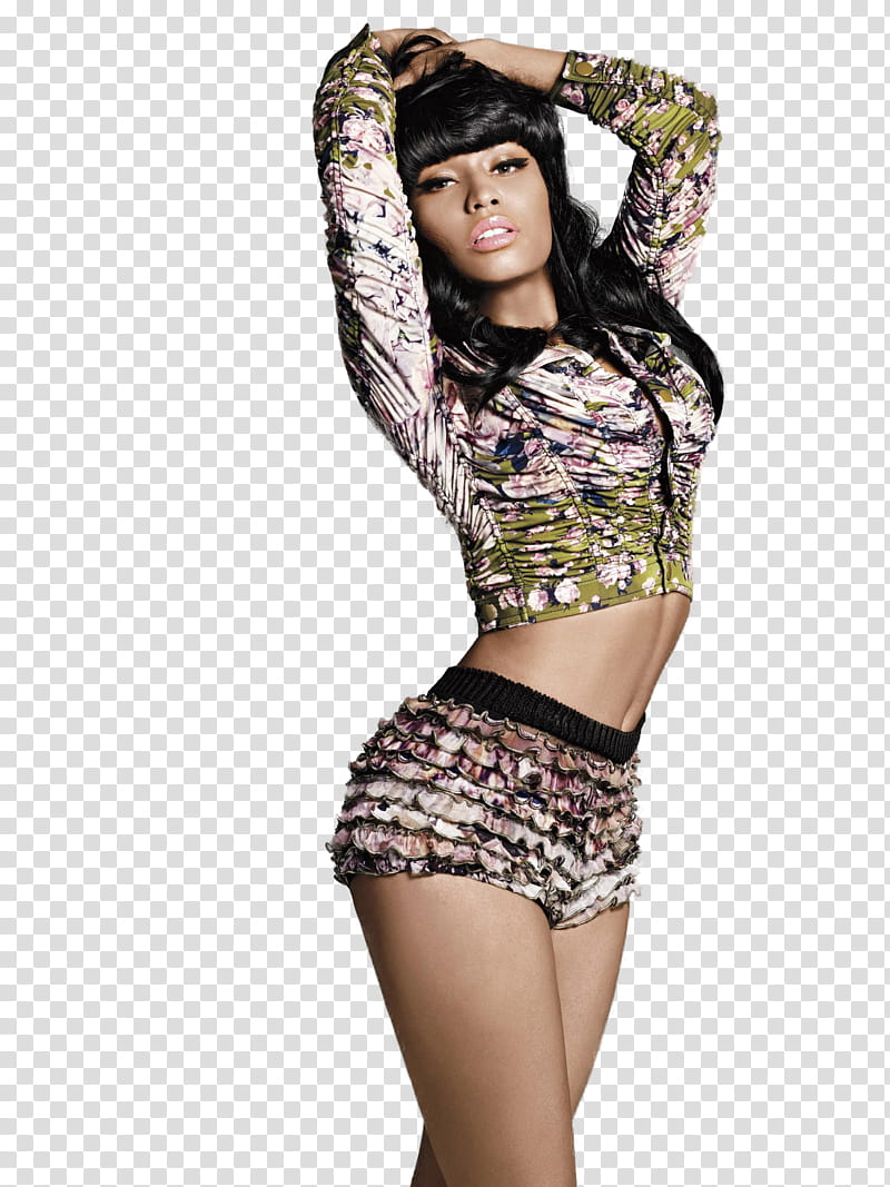 Nicki Minaj , woman wearing white-green-and-black long-sleeved top and shorts transparent background PNG clipart