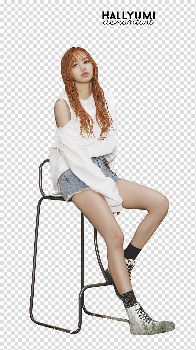 Lisa, Blackpink Lisa sitting on gray chair transparent background PNG clipart