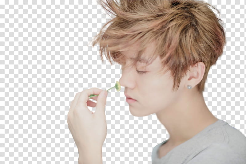 LUHAN, man closing eyes while sniffing flower transparent background PNG clipart