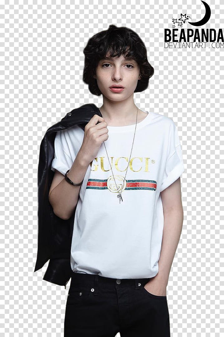 Finn Wolfhard, man wearing white Gucci crew-neck t-shirt transparent background PNG clipart