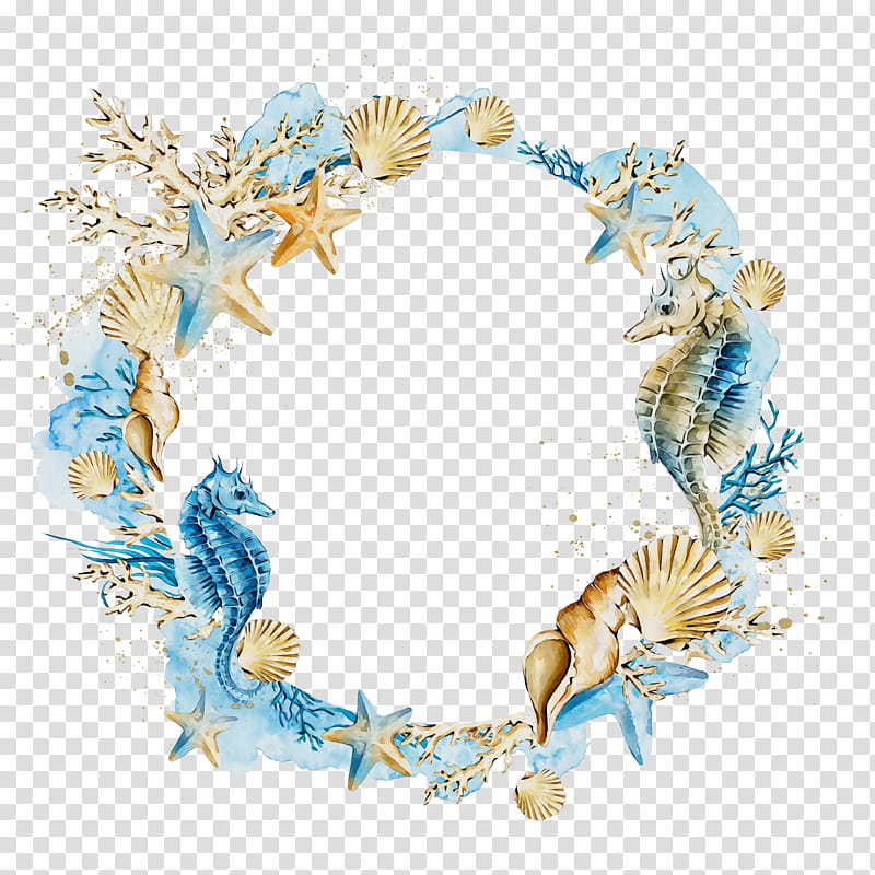 Watercolor Wreath, Paint, Wet Ink, Watercolor Painting, Seashell, Starfish, Mermaid, Blue transparent background PNG clipart