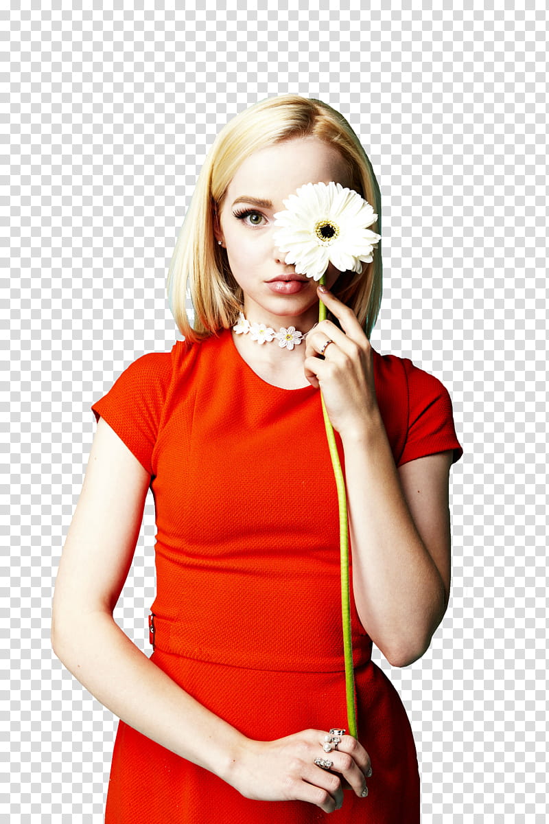 Dove Cameron, woman in red crew-neck short-sleeved dress holding white flower transparent background PNG clipart