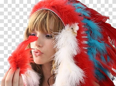 Bella Thorne, woman with red and blue feather headdress holding red feather transparent background PNG clipart