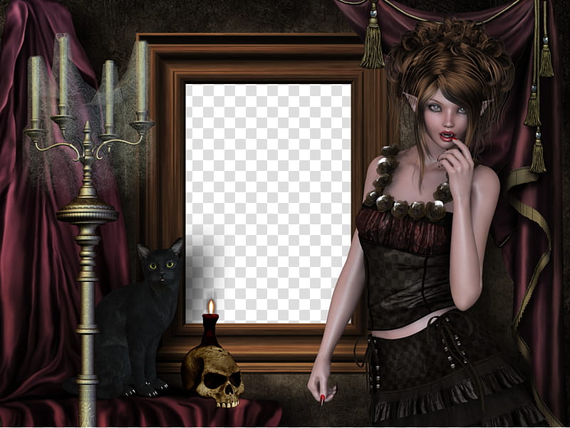 Vampire frame , D female character near candles and human skull transparent background PNG clipart