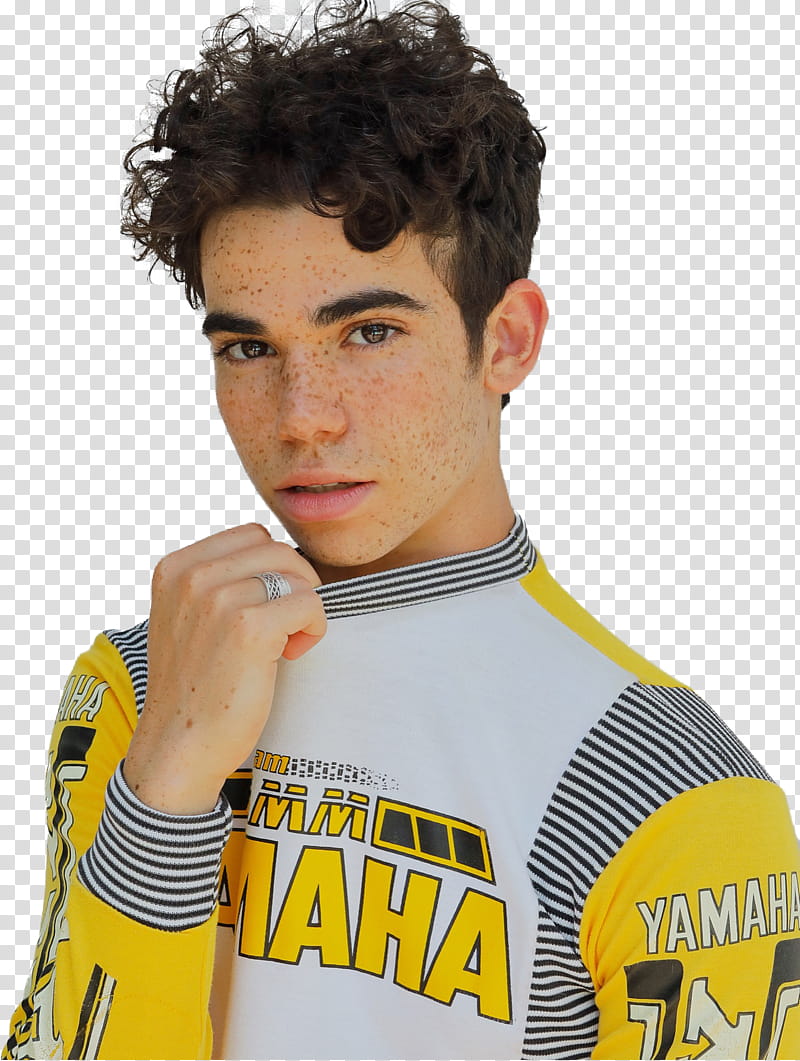 Cameron Boyce, man in white and yellow Yamaha long-sleeved shirt transparent background PNG clipart