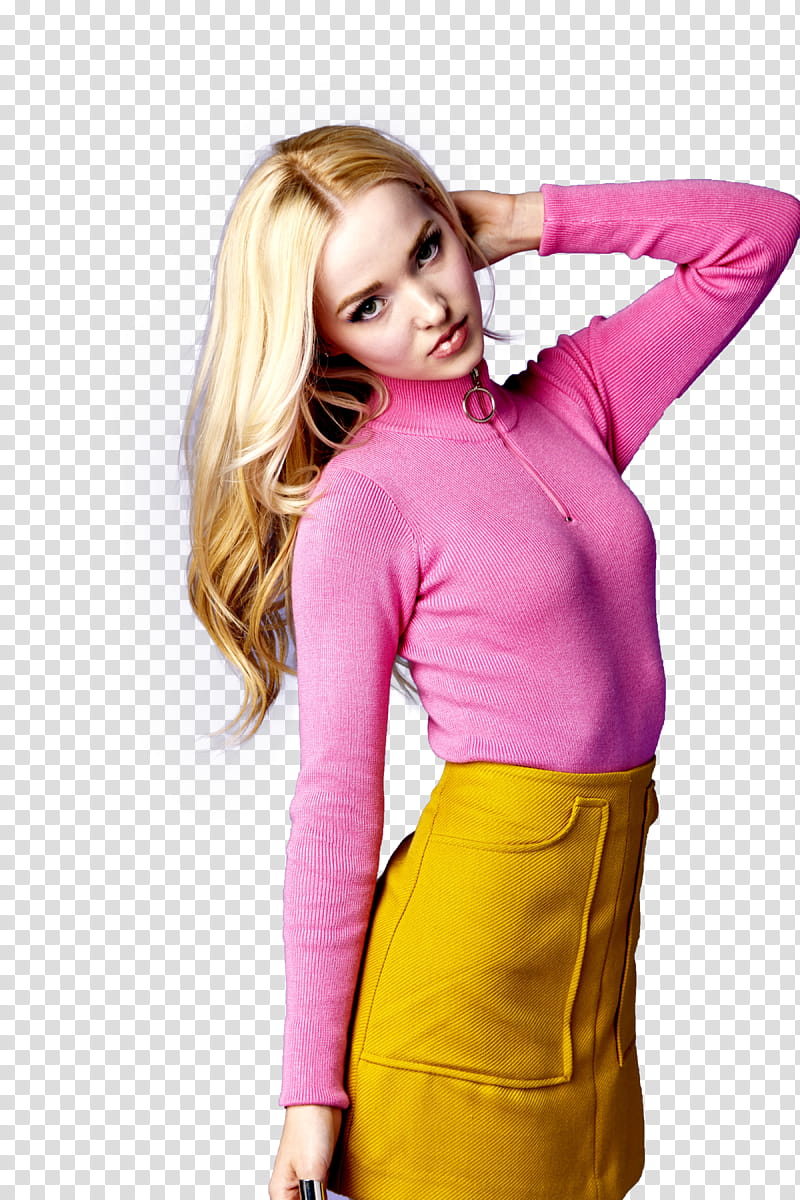 Dove Cameron, women's pink long-sleeved shirt and yellow skirt transparent background PNG clipart