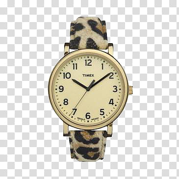 , round gold-colored Timex analog watch with black and brown leopard print leather band transparent background PNG clipart