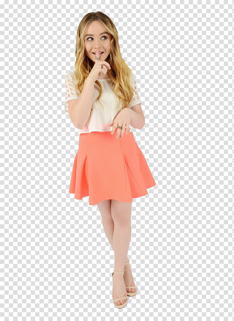Sabrina Carpenter, woman in white blouse and orange skirt transparent background PNG clipart