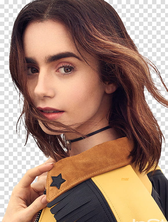 Lily Collins, Lily Collins in yellow and black shirt transparent background PNG clipart