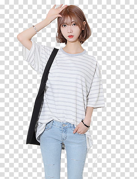 SHARE ULZZANG, woman in gray and white striped shirt and blue denim bottoms transparent background PNG clipart