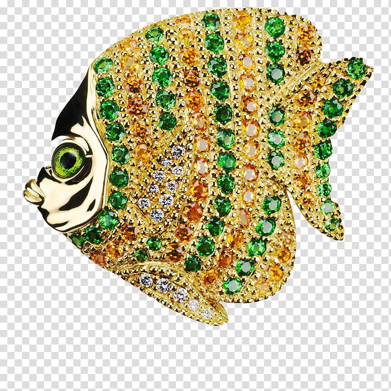 , gold-colored fish jewelry with green gemstones transparent background PNG clipart