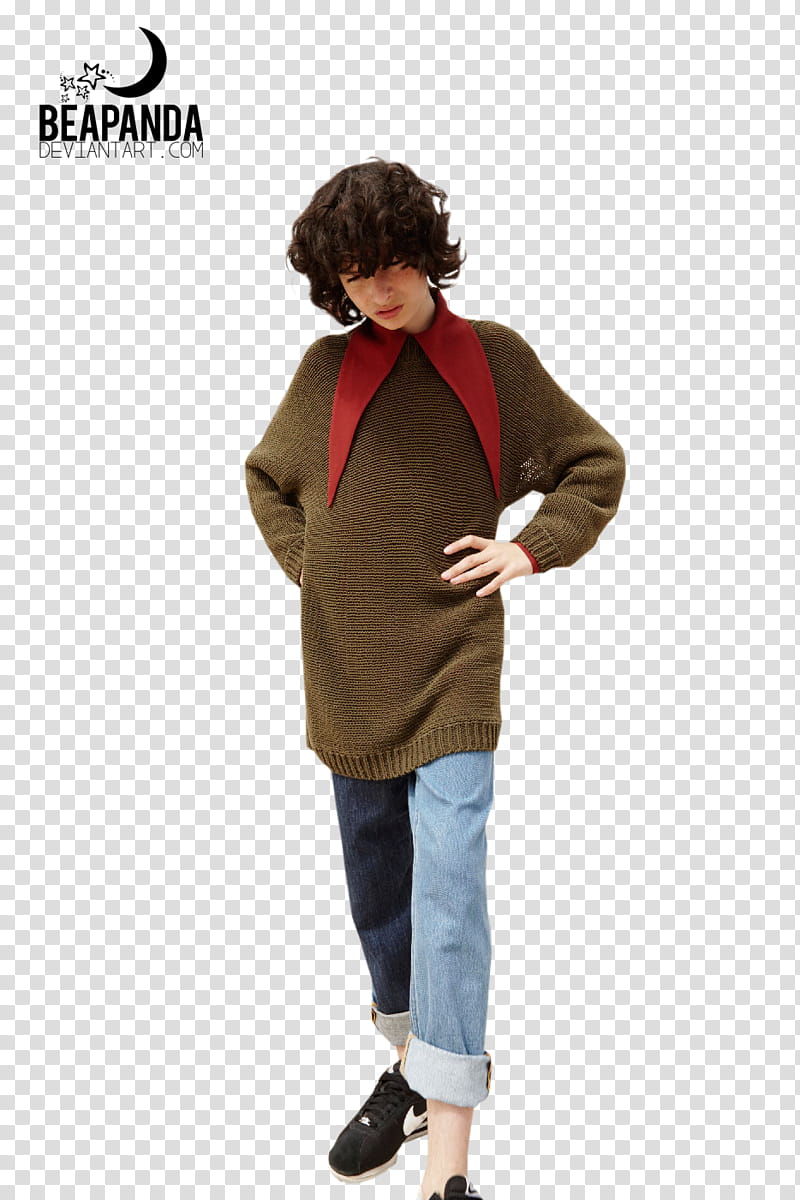 Finn Wolfhard, woman wearing brown sweater and denim jeans transparent background PNG clipart