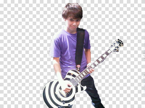 boy standing and playing white and black electric guitar transparent background PNG clipart