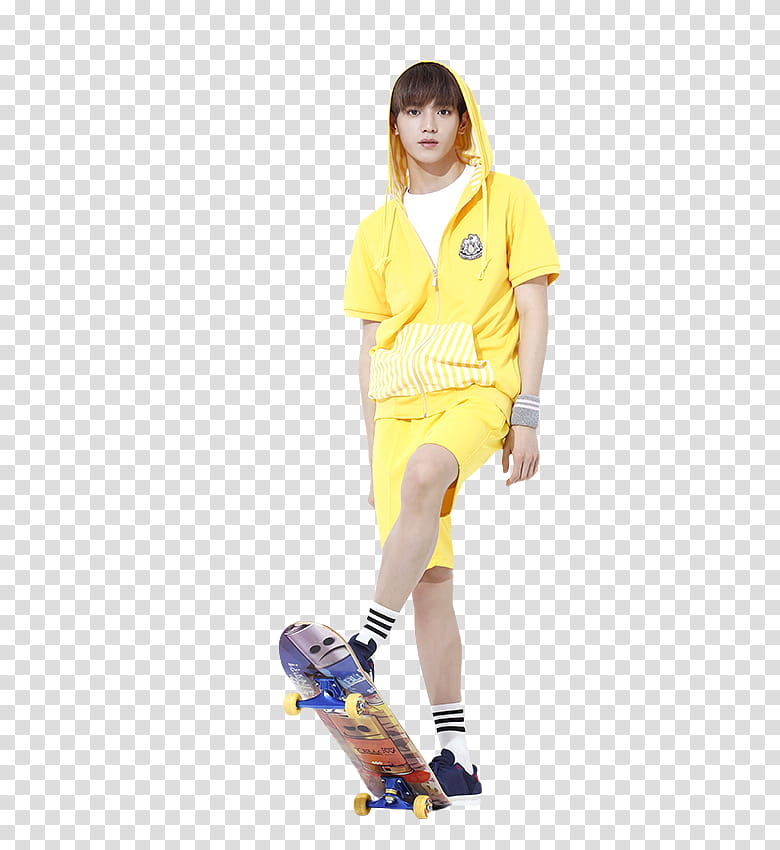 TAEYONG NCT, man in yellow hoodie playing skateboard transparent background PNG clipart