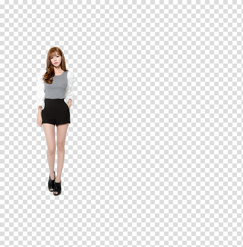 Ulzzang, standing woman wearing gray and white scoop-neck blouse and black shorts transparent background PNG clipart