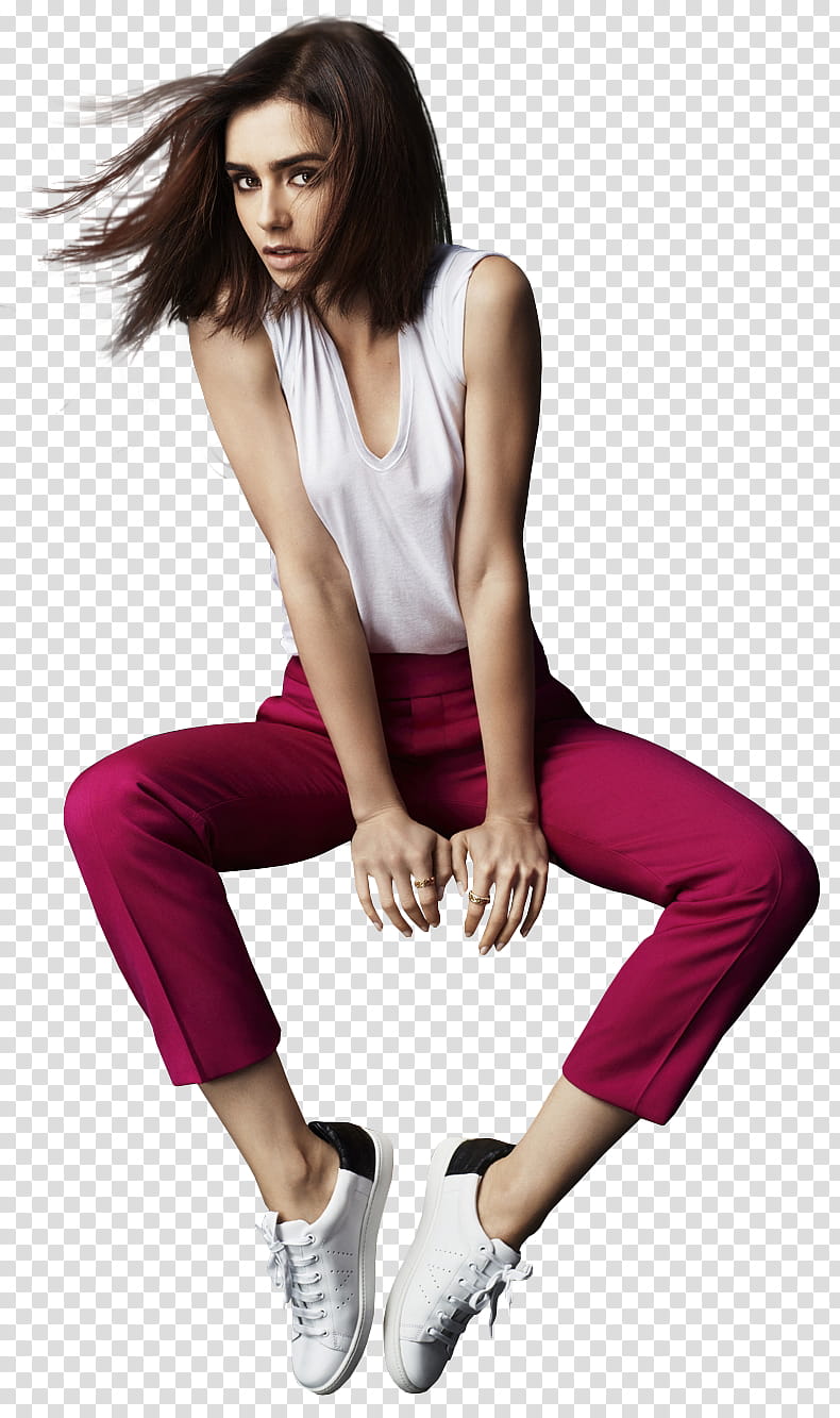 Lily Collins, women's white sleeveless shirt and fuchsia pants transparent background PNG clipart