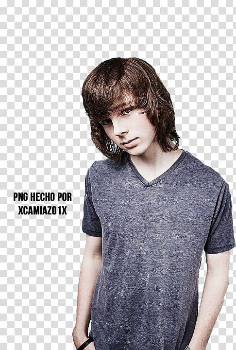 Chandler Riggs, man wearing gray V-neck shirt transparent background PNG clipart
