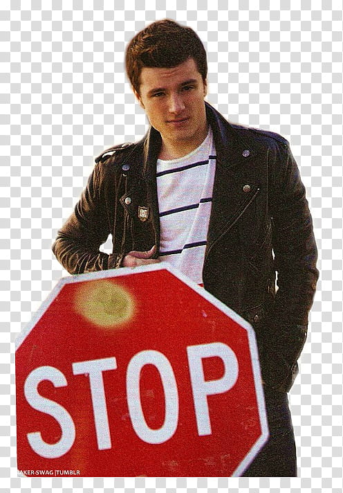 Josh Hutcherson, man wearing black jacket behind red stop street sign transparent background PNG clipart
