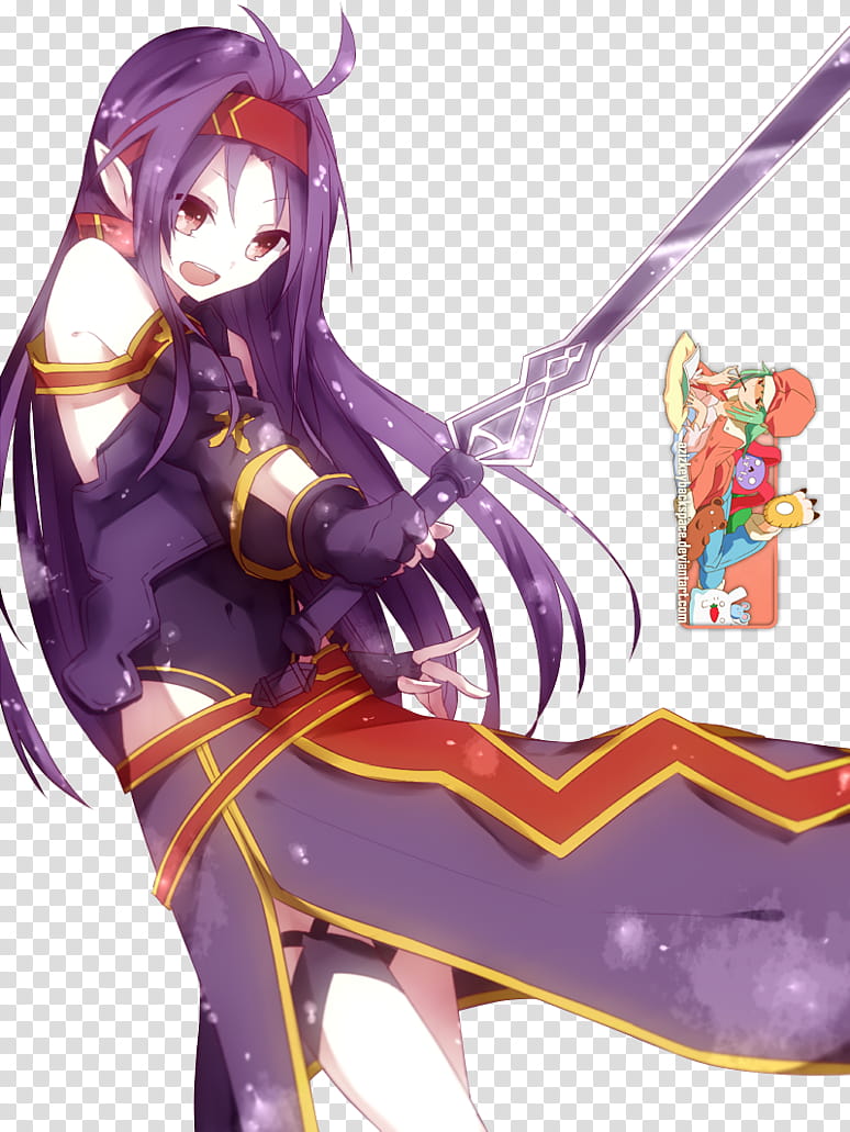 Yuuki Konno (Sword Art Online II), Render, purple female anime character holding sword illustration transparent background PNG clipart